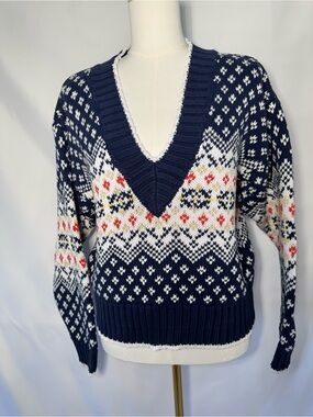 Vintage Navy Fair Isle V-Neck Sweater with Multicolor Accents - Women